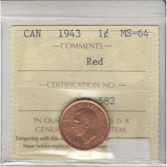 1943 Canada 1-cent ICCS Certified MS-64 Red