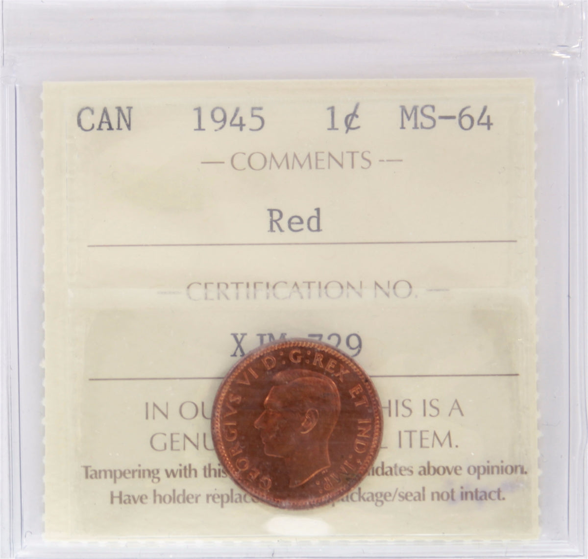 1945 Canada 1-cent ICCS Certified MS-64 Red