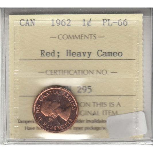 1962 Canada 1-cent ICCS Certified PL-66 Red; Heavy Cameo