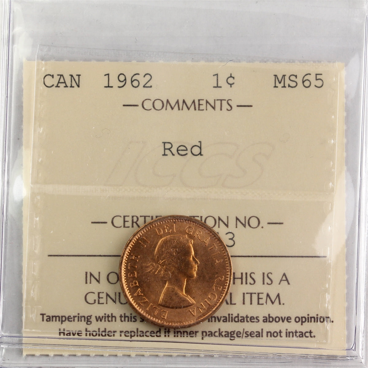 1962 Canada 1-cent ICCS Certified MS-65 Red