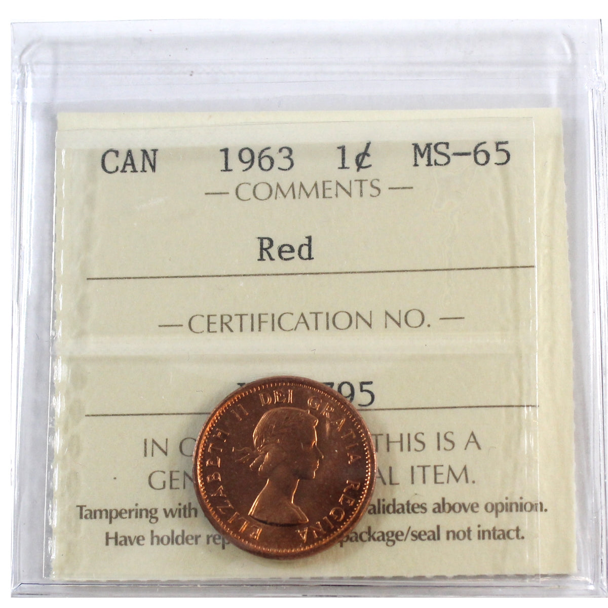 1963 Canada 1-cent ICCS Certified MS-65 Red