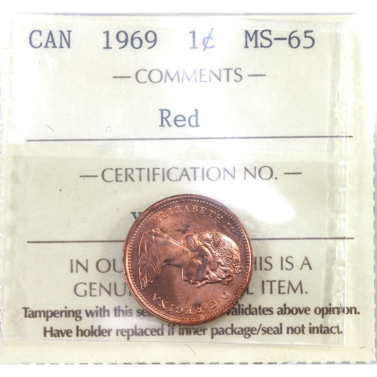 1969 Canada 1-cent ICCS Certified MS-65 Red