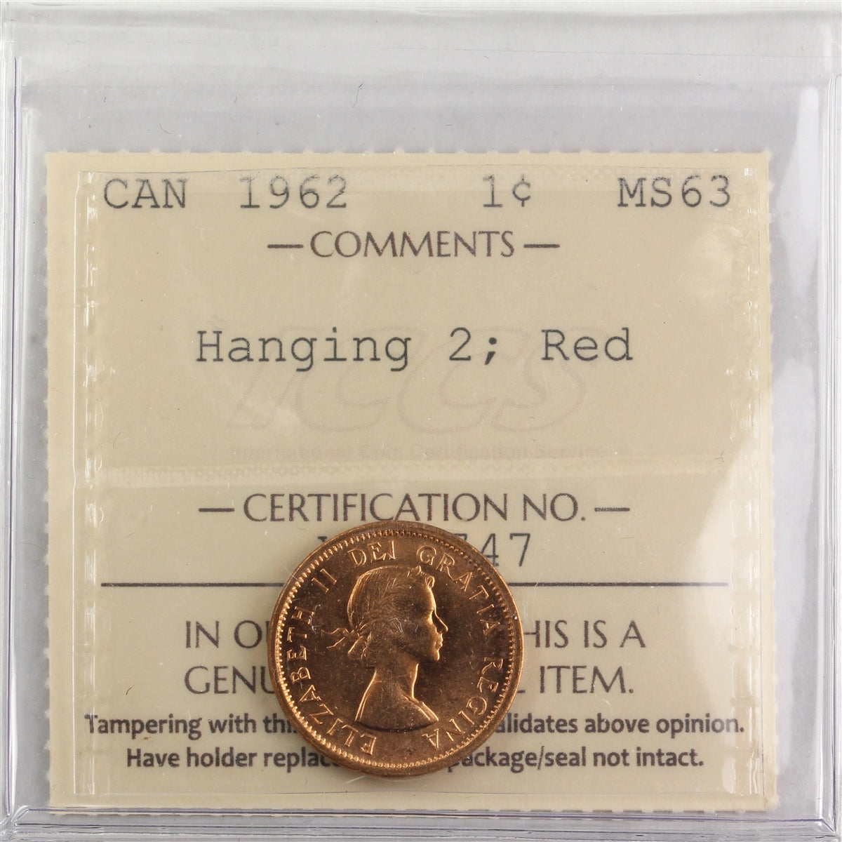 1962 Hanging 2 Canada 1-cent ICCS Certified MS-63 Red