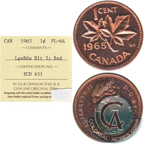 1965 LgBds Bl 5 (Type 3) Canada 1-cent ICCS Certified PL-64 Red