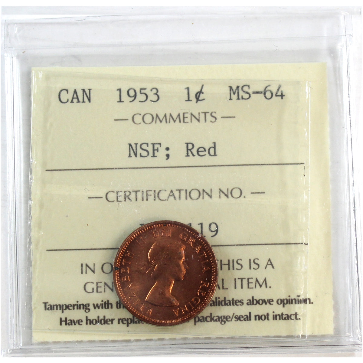 1953 NSF Canada 1-cent ICCS Certified MS-64 Red