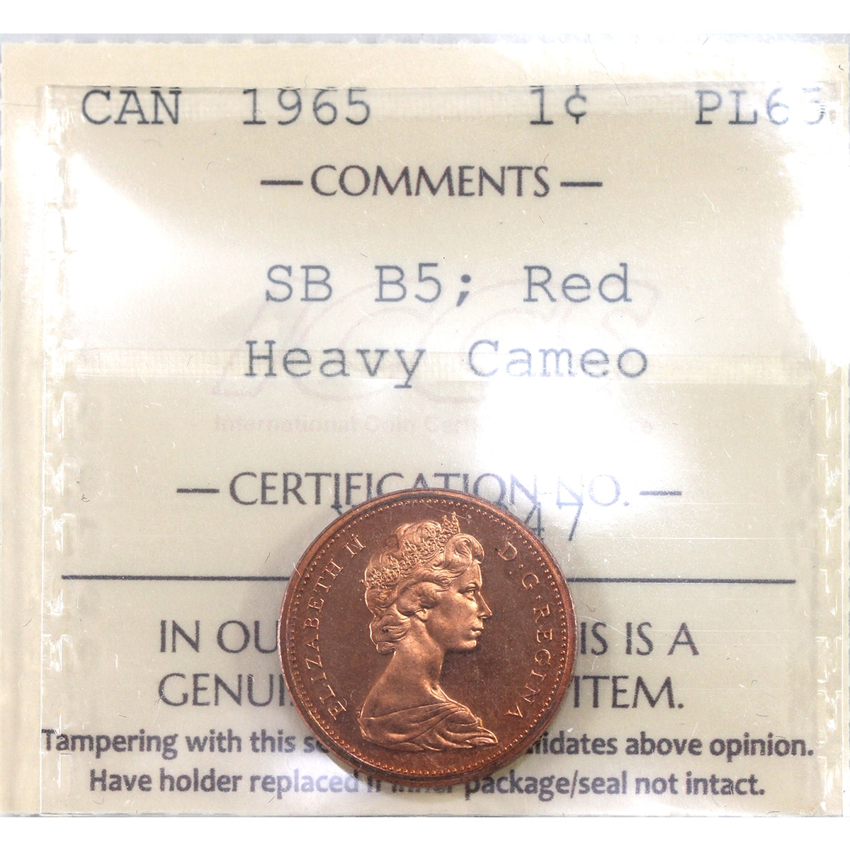 1965 SmBds Blt 5 (Type 2) Canada 1-cent ICCS Certified PL-65 Red, Heavy Cameo