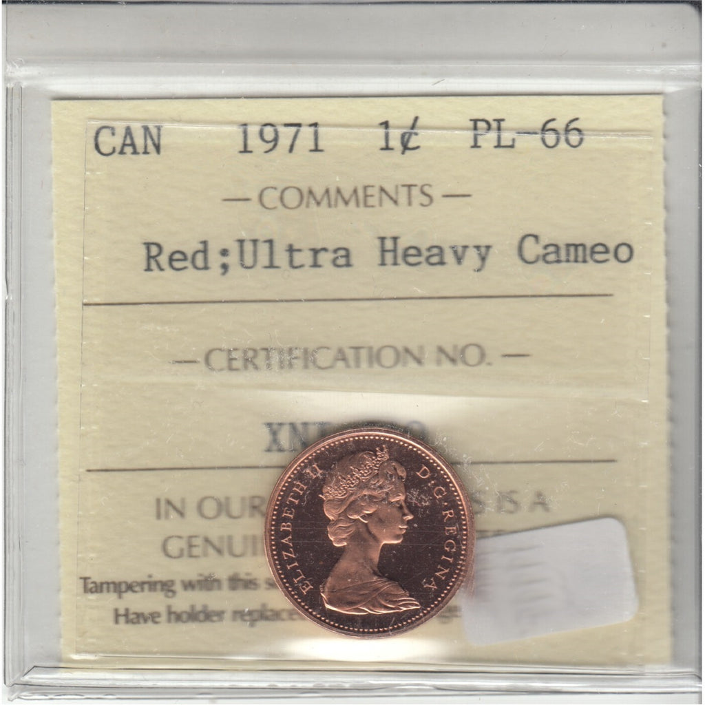 1971 Canada 1-cent ICCS Certified PL-66 Red; Ultra Heavy Cameo