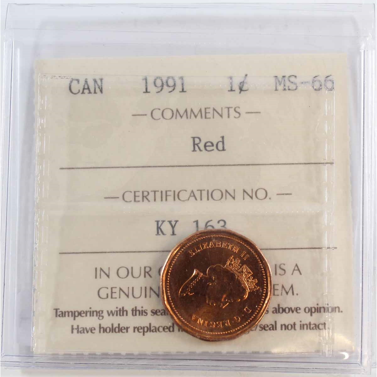 1991 Canada 1-cent ICCS Certified MS-66 Red