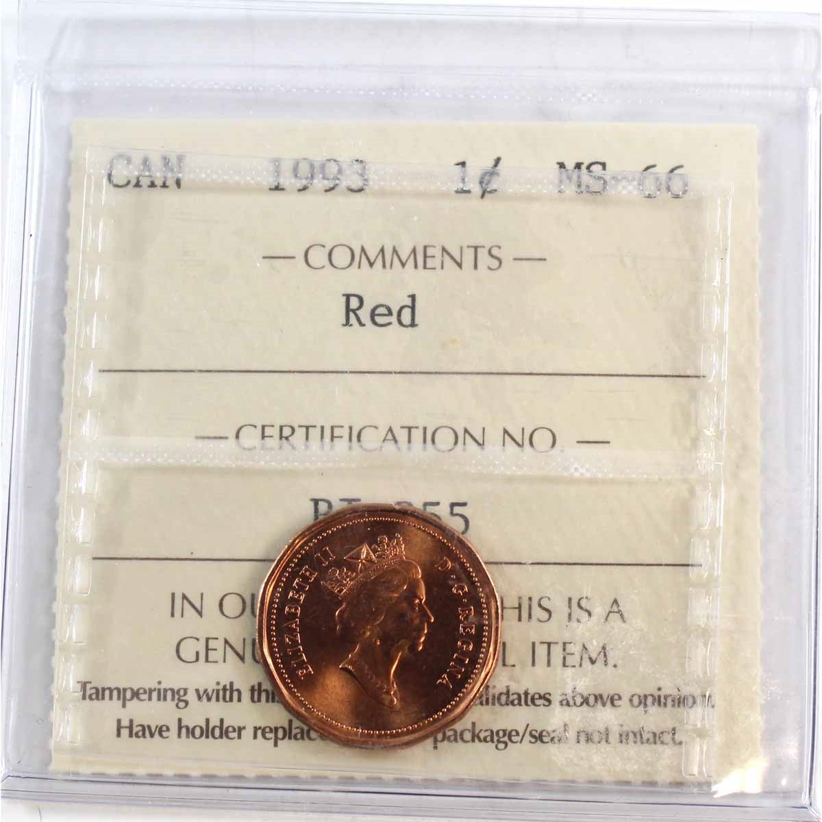 1993 Canada 1-cent ICCS Certified MS-66 Red