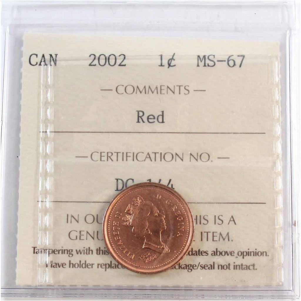 2002 Canada 1-cent ICCS Certified MS-67 Red