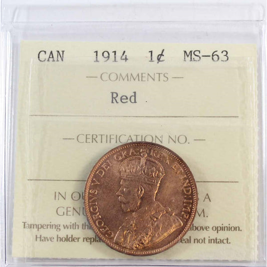 1914 Canada 1-cent ICCS Certified MS-63 Red