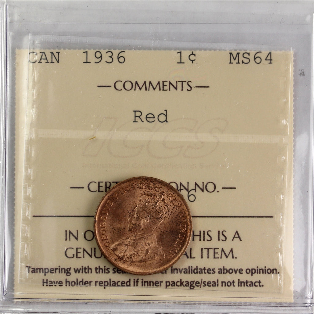 1936 Canada 1-cent ICCS Certified MS-64 Red