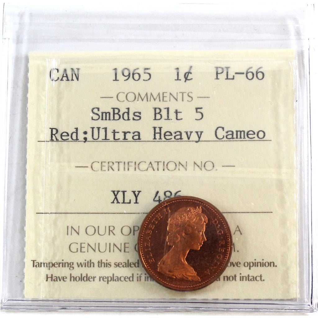 1965 SmBds Blt 5 (Type 2) Canada 1-cent ICCS Certified PL-66 Red; Ultra Heavy Cameo