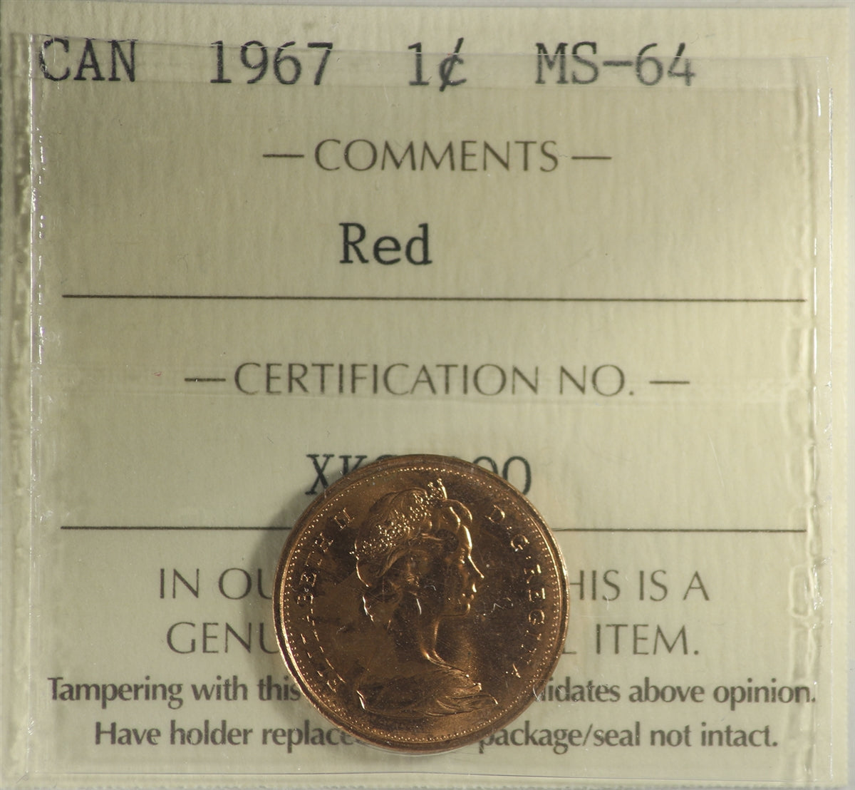 1967 Canada 1-cent ICCS Certified MS-64 Red