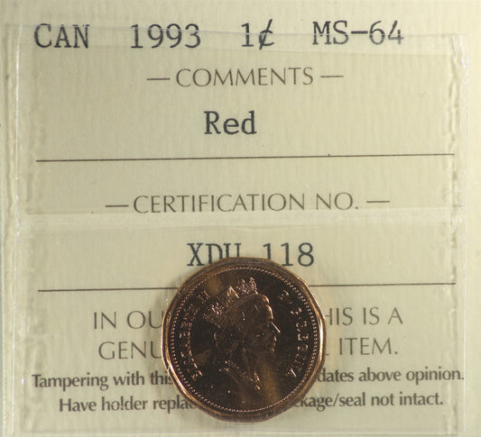 1993 Canada 1-cent ICCS Certified MS-64 Red