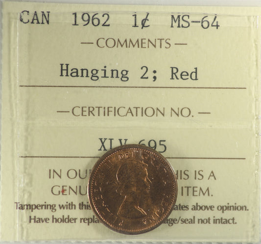 1962 Hanging 2 Canada 1-cent ICCS Certified MS-64 Red