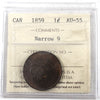 1859 Narrow 9 Canada 1-cent ICCS Certified AU-55