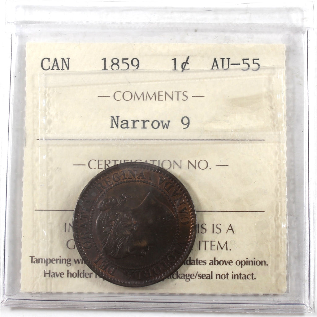 1859 Narrow 9 Canada 1-cent ICCS Certified AU-55