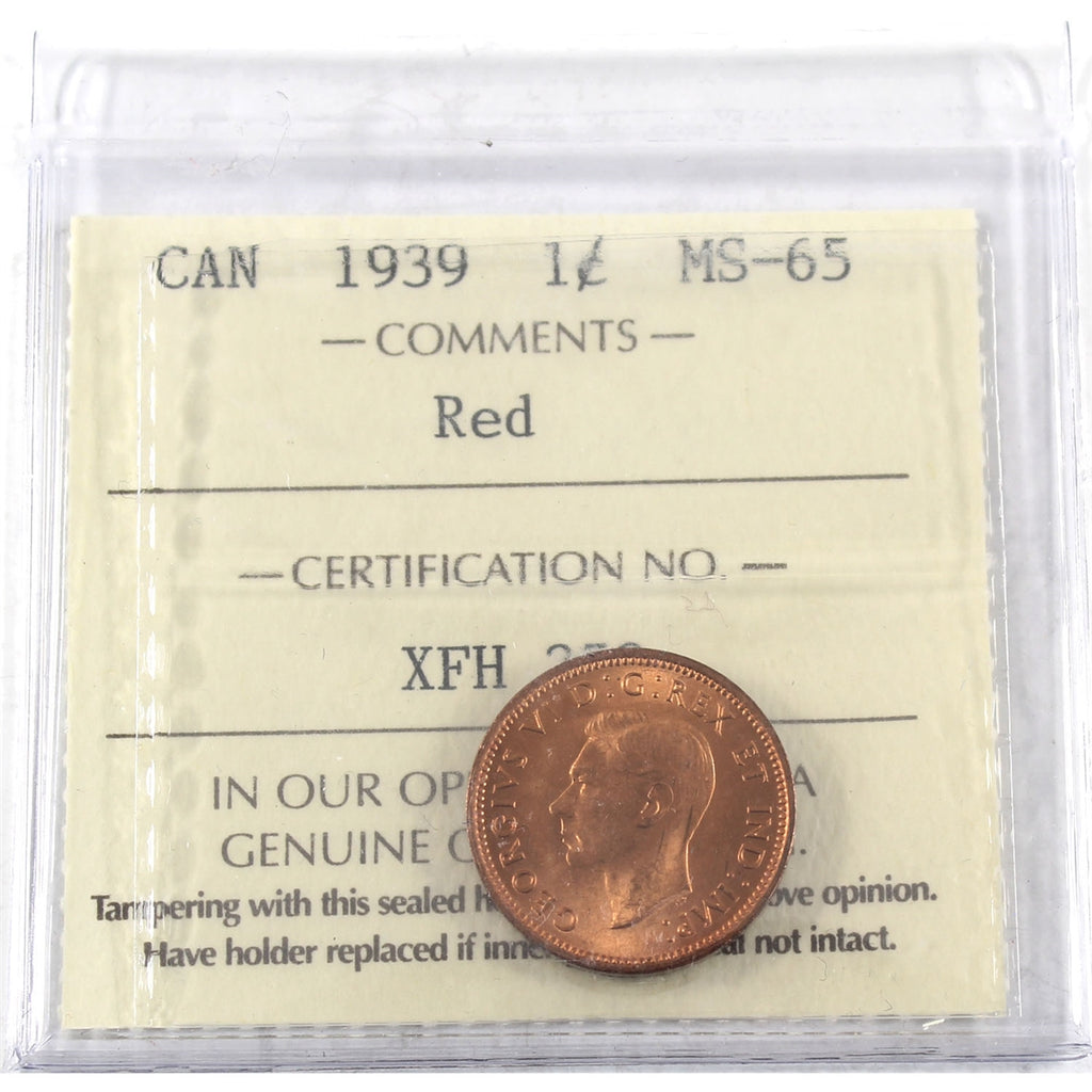 1939 Canada 1-cent ICCS Certified MS-65 Red