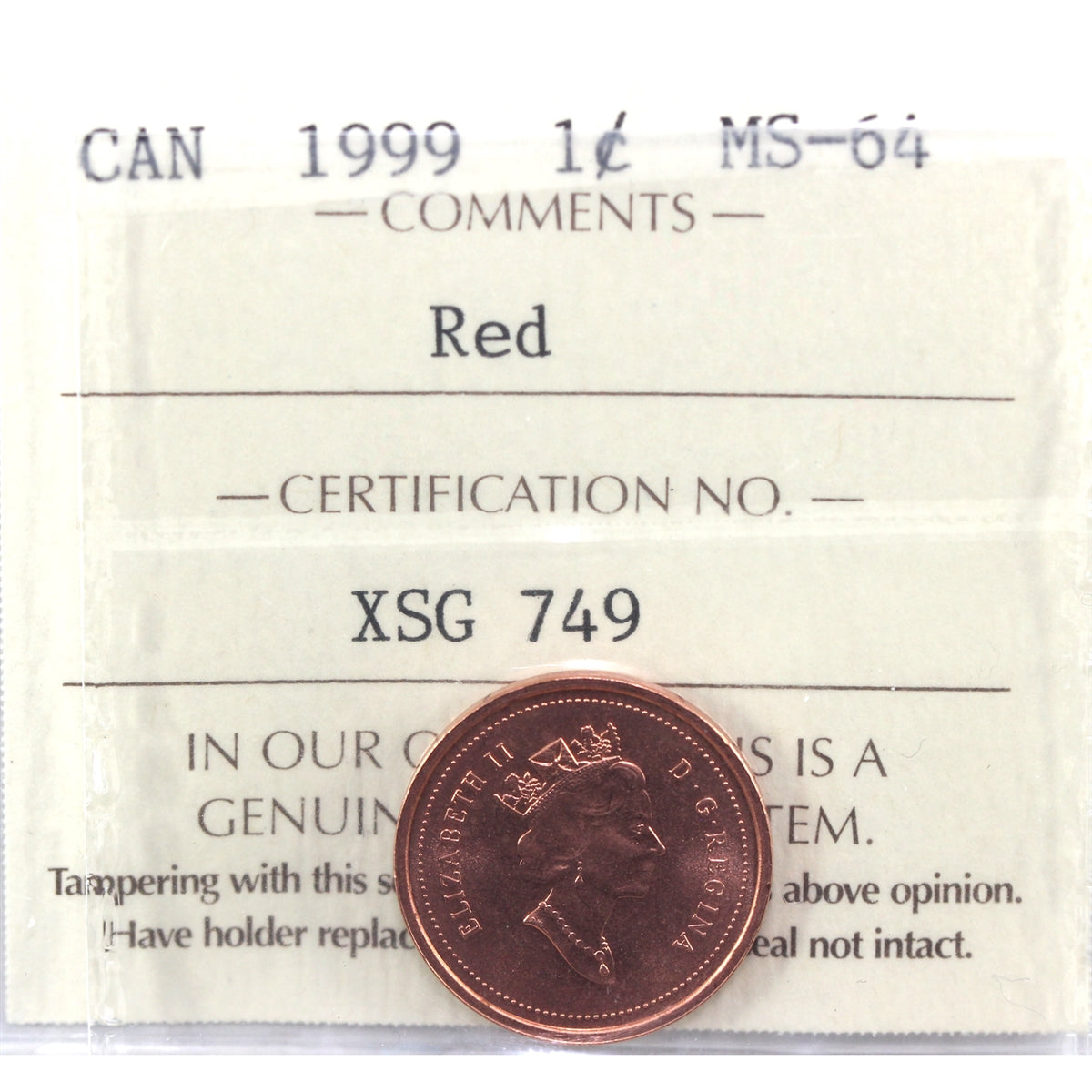 1999 Canada 1-cent ICCS Certified MS-64 Red