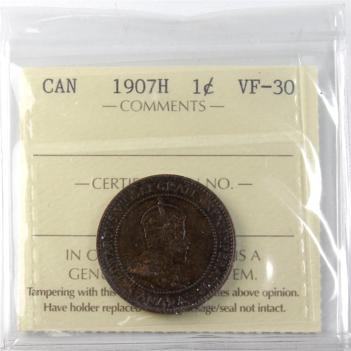 1907H Canada 1-cent ICCS Certified VF-30