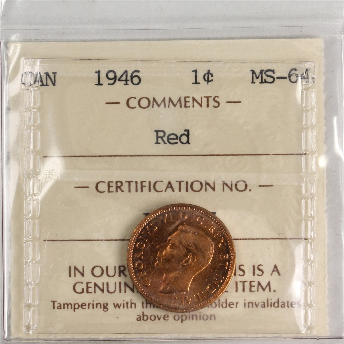 1946 Canada 1-cent ICCS Certified MS-64 Red