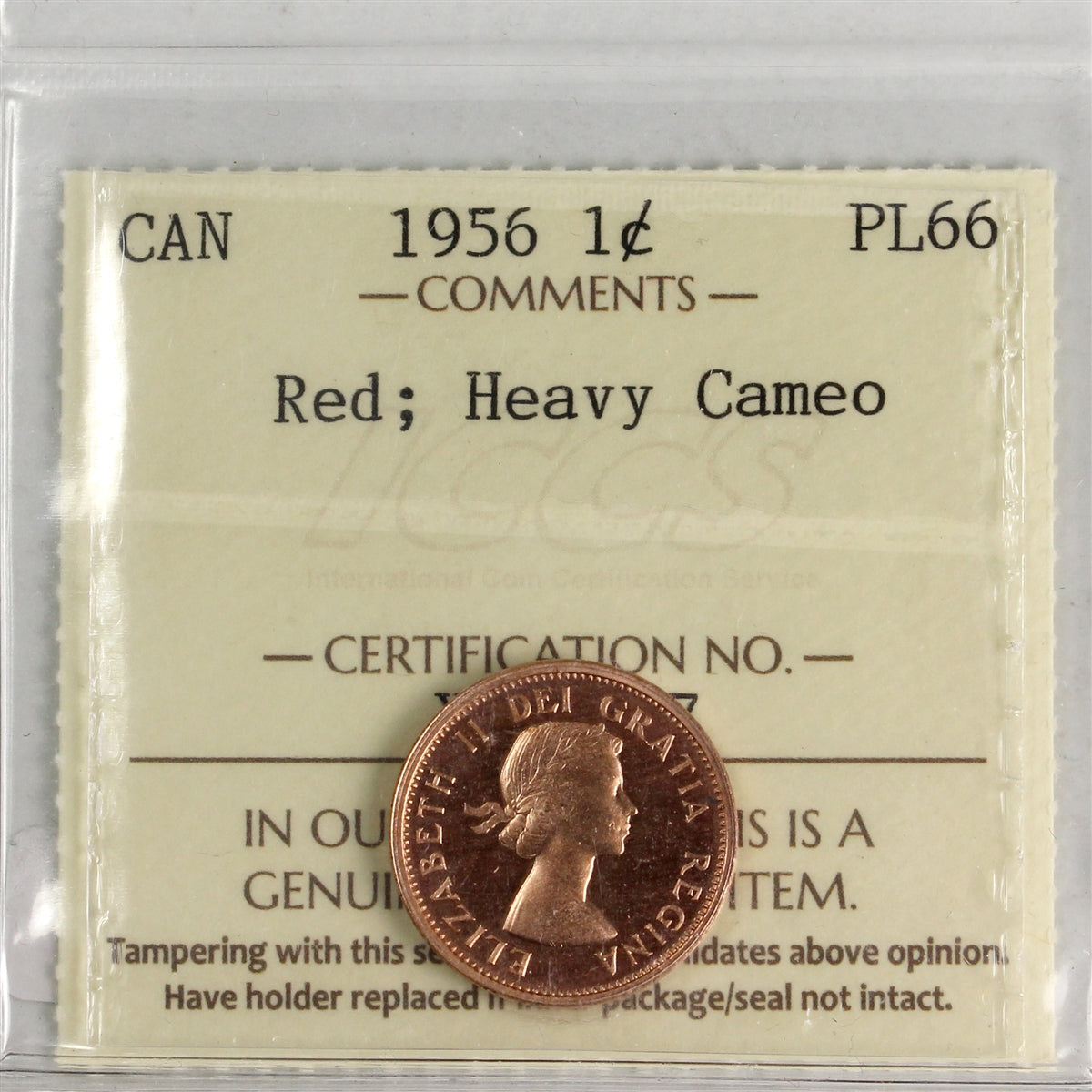 1956 Canada 1-cent ICCS Certified PL-66 Red; Heavy Cameo