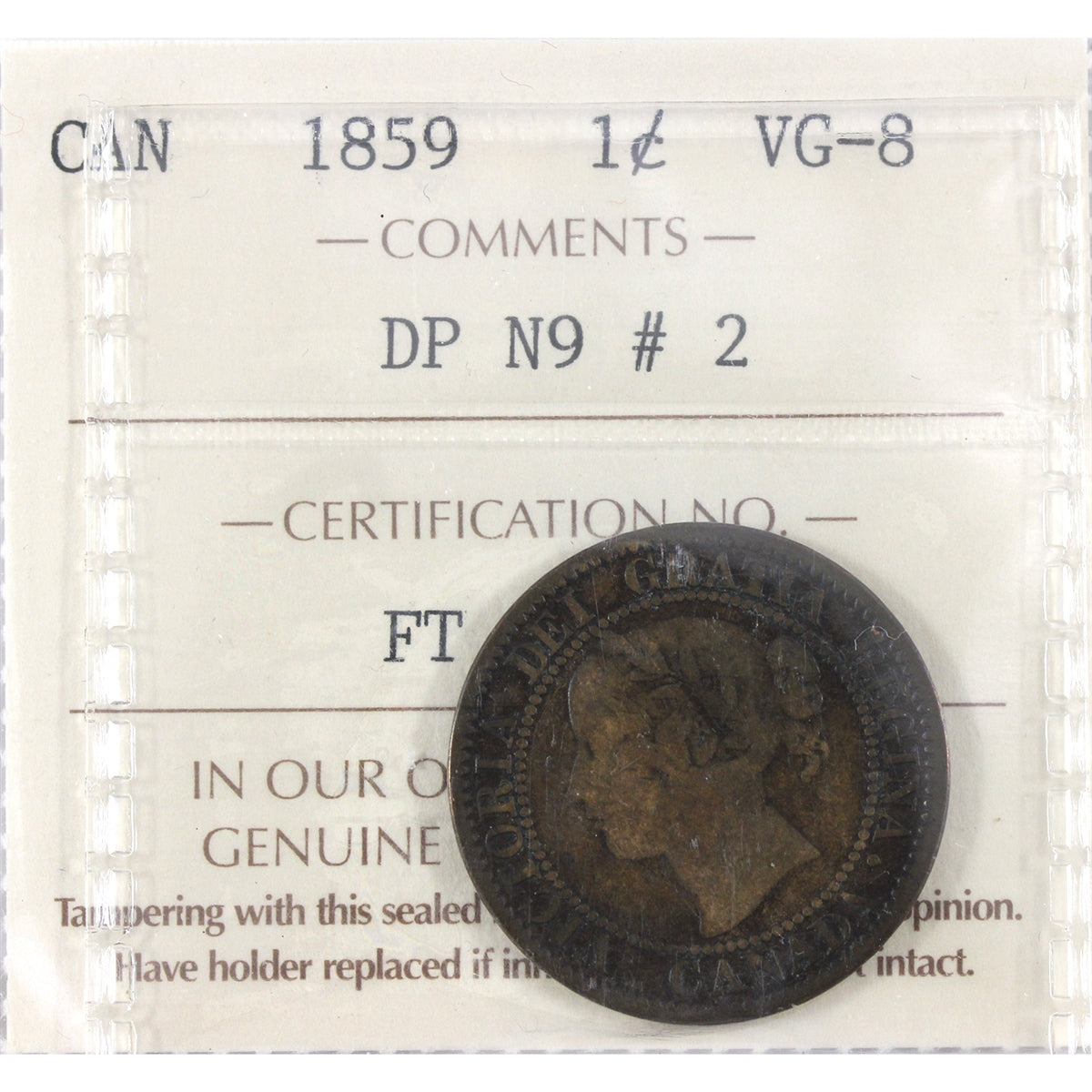 1859 DP N9 #2 Canada 1-cent ICCS Certified VG-8