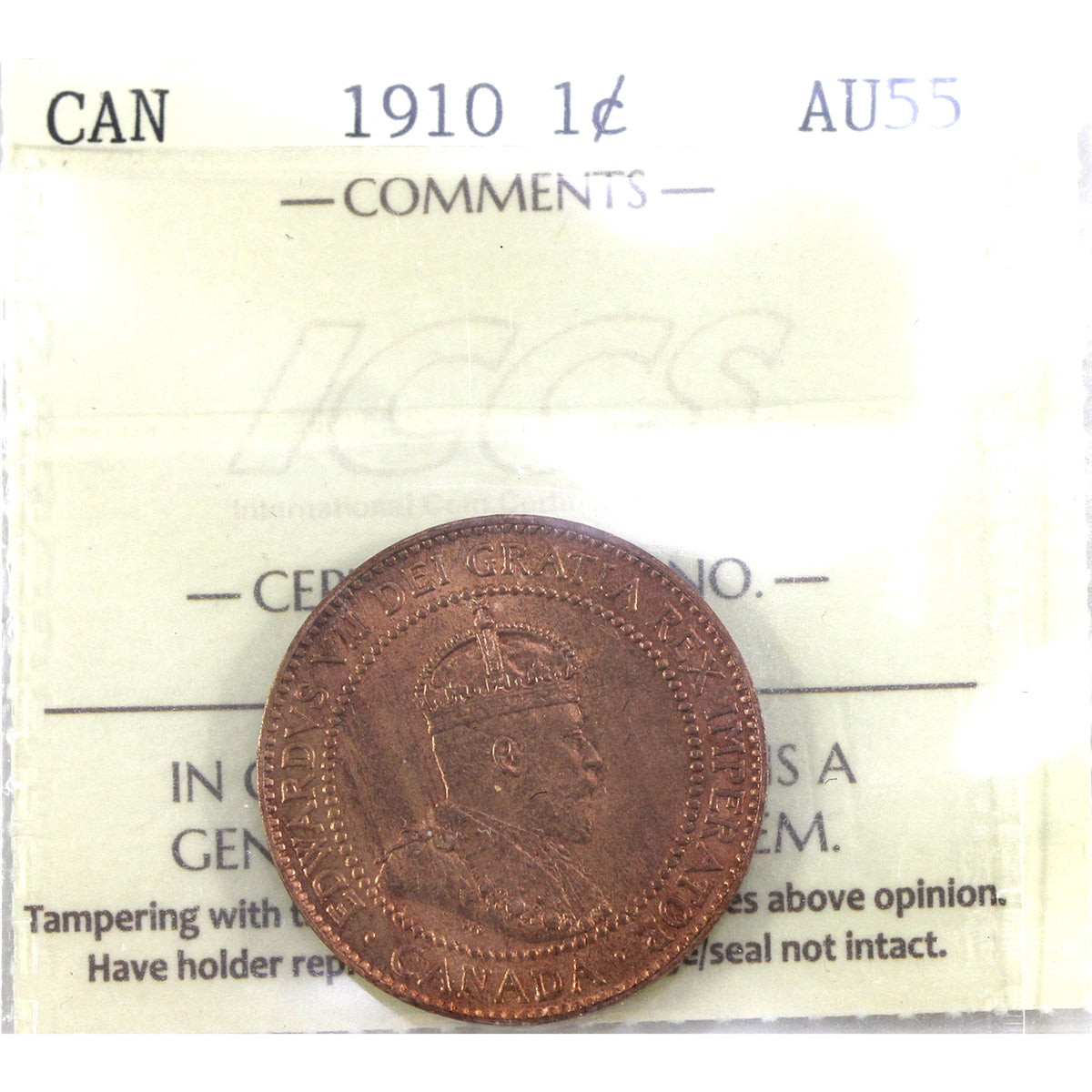 1910 Canada 1-cent ICCS Certified AU-55