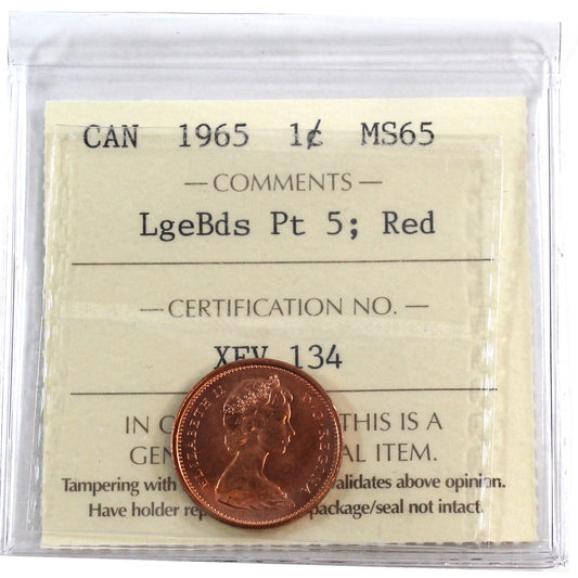 1965 LgBds Ptd 5 (Type 4) Canada 1-cent ICCS Certified MS-65 Red