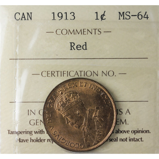 1913 Canada 1-cent ICCS Certified MS-64 Red (ZI 437)