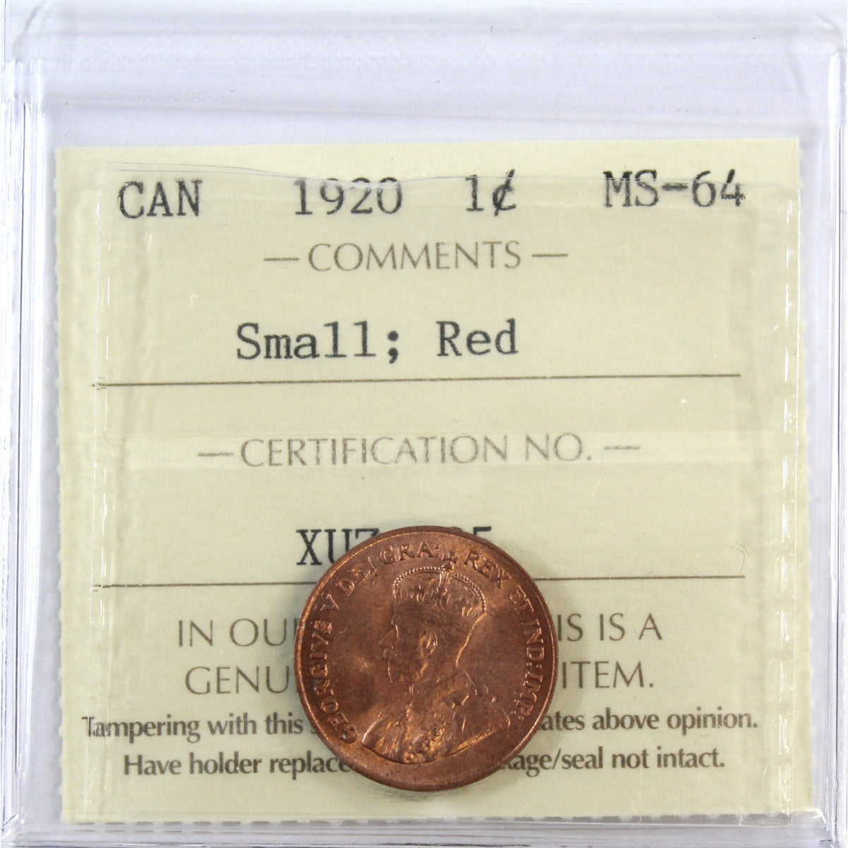 1920 Small Canada 1-cent ICCS Certified MS-64 Red