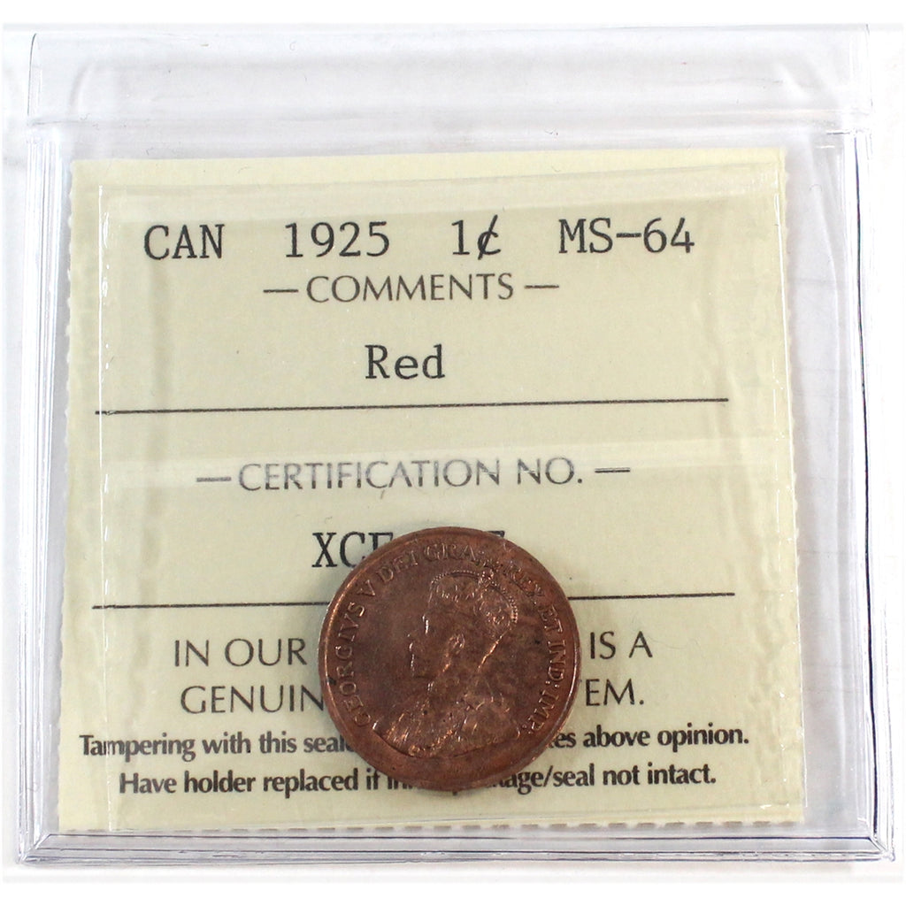 1925 Canada 1-cent ICCS Certified MS-64 Red (XCE 777)