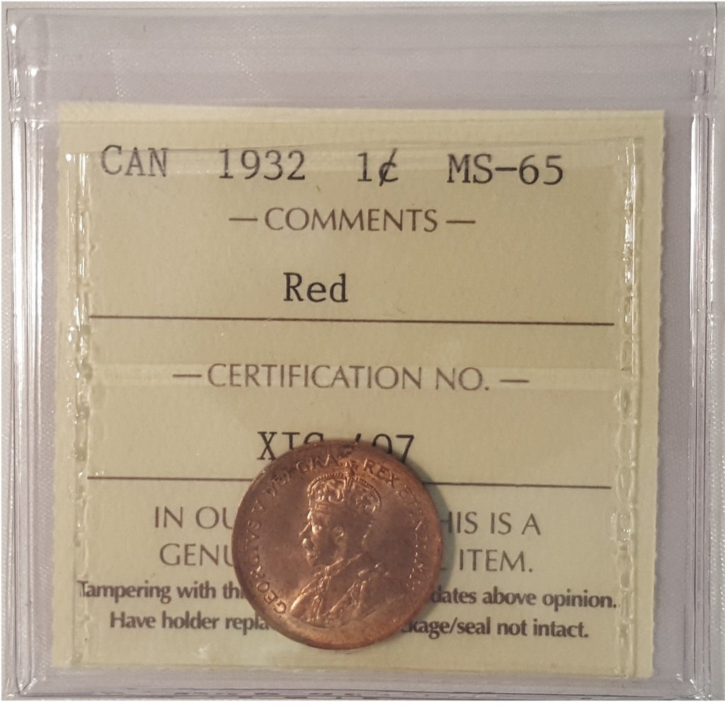 1932 Canada 1-cent ICCS Certified MS-65 Red (XIC 407)