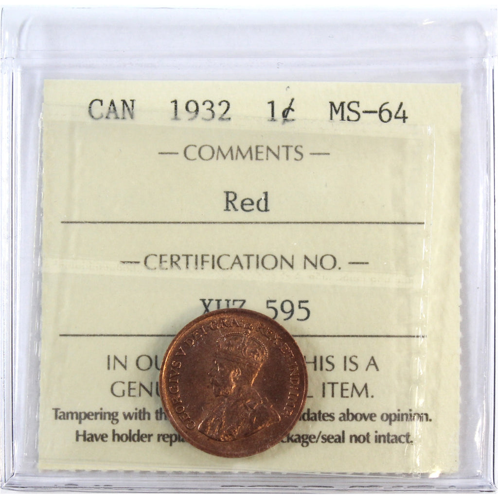 1932 Canada 1-cent ICCS Certified MS-64 Red