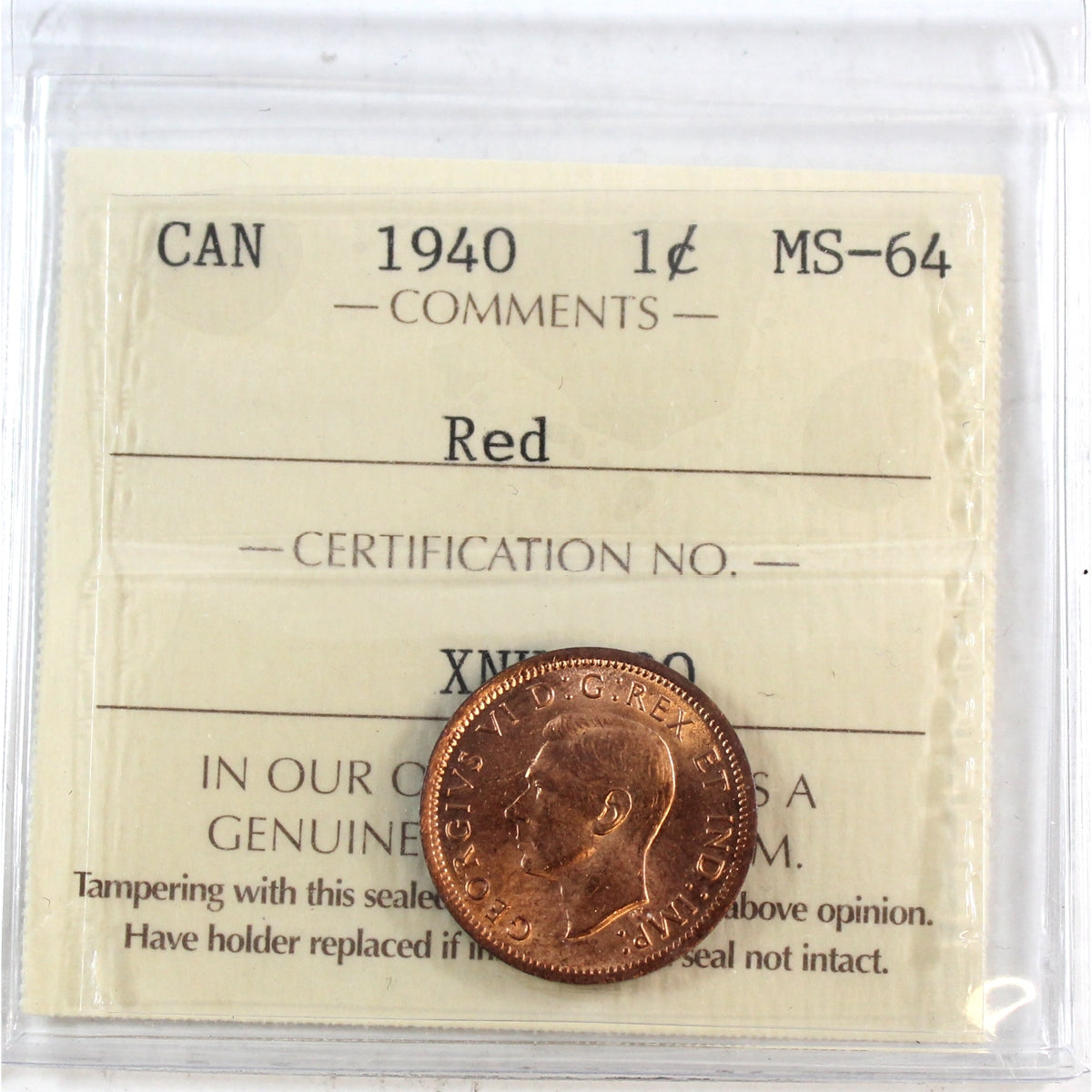 1940 Canada 1-cent ICCS Certified MS-64 Red