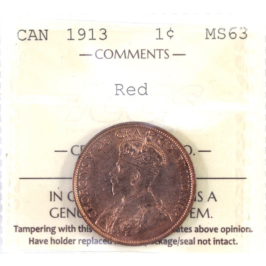 1913 Canada 1-cent ICCS Certified MS-63 Red (XXG 365)