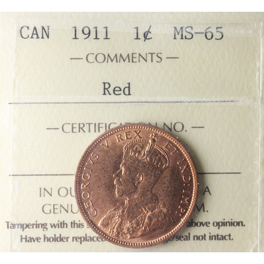 1911 Canada 1-cent ICCS Certified MS-65 Red (XVP 310)