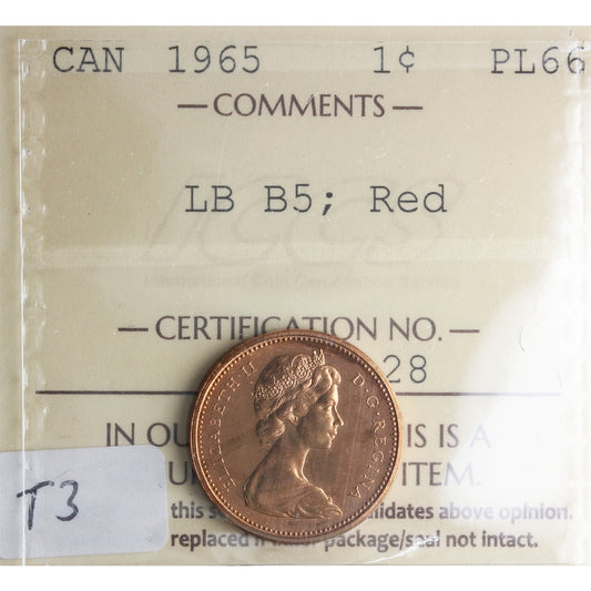 1965 Lg Bds Bl 5 (Type 3) Canada 1-cent ICCS Certified PL-66 Red