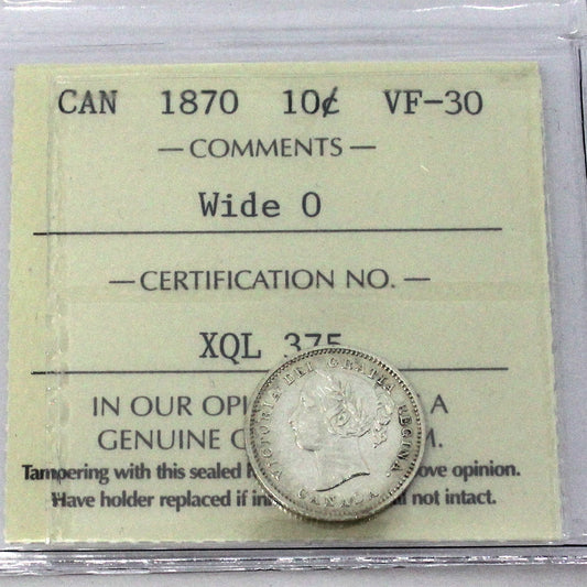 1870 Wide 0 Canada 10-cents ICCS Certified VF-30