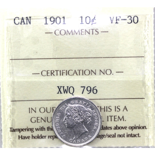 1901 Canada 10-cents ICCS Certified VF-30