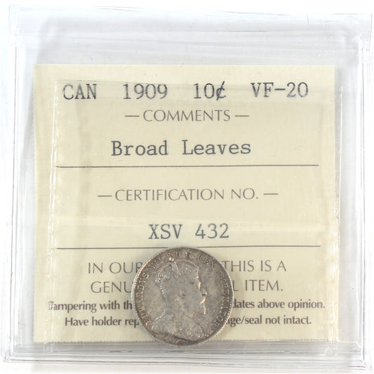 1909 Broad Leaves Canada 10-cents ICCS Certified VF-20