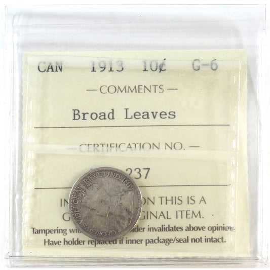 1913 Broad Leaves Canada 10-cents ICCS Certified G-6