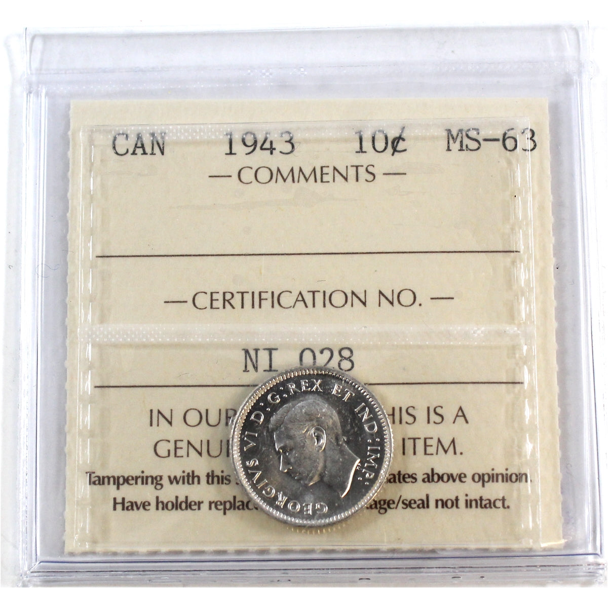 1943 Canada 10-cents ICCS Certified MS-63