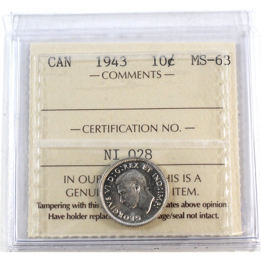 1943 Canada 10-cents ICCS Certified MS-63