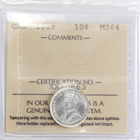 1919 Canada 10-cents ICCS Certified MS-64 (XXP 663)