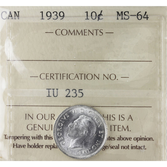 1939 Canada 10-cents ICCS Certified MS-64