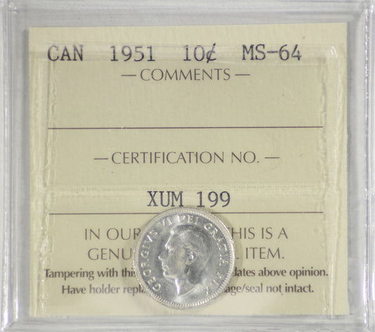 1951 Canada 10-cents ICCS Certified MS-64