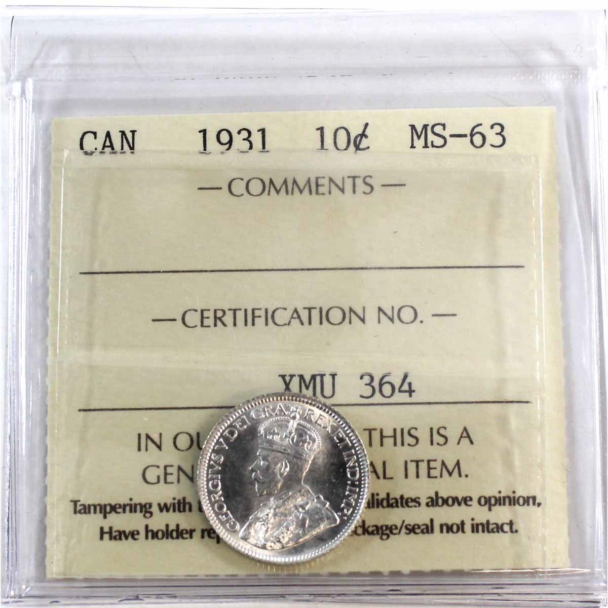 1931 Canada 10-cents ICCS Certified MS-63