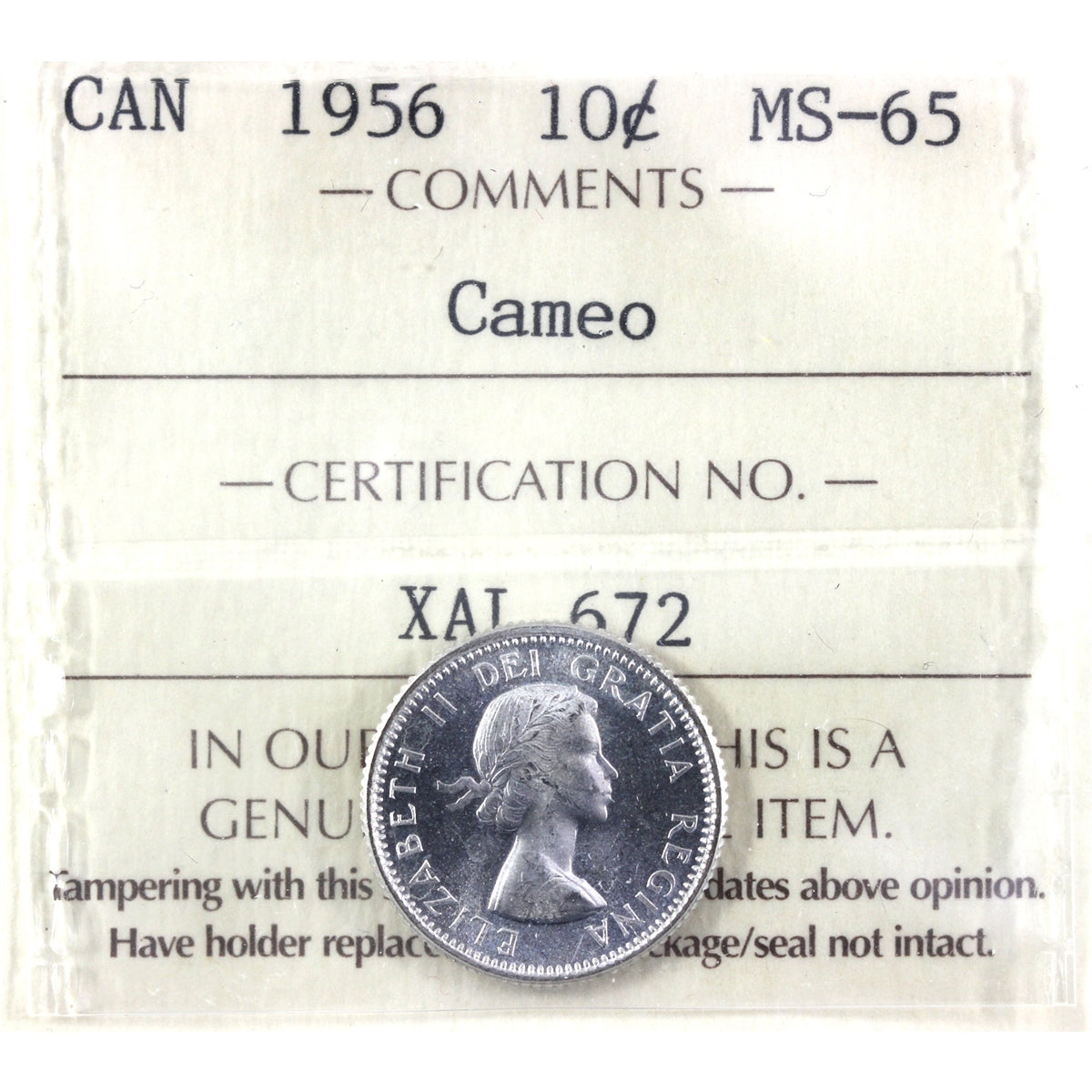 1956 Canada 10-cents ICCS Certified MS-65 Cameo